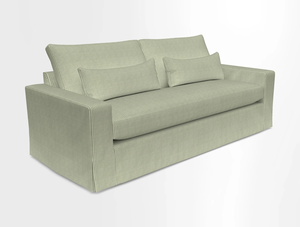 Linear 4 seater sofa in Harpers Bazaar Palette Studio Green with seat cushion in Linwood Romney Wool Forest