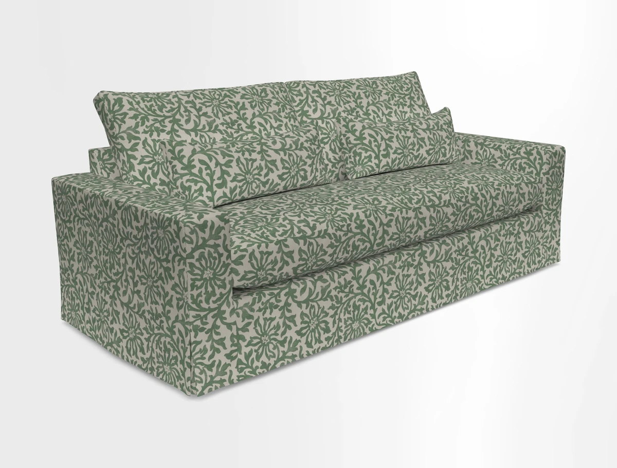 Linear 4 seater sofa in Harpers Bazaar Palette Studio Green with seat cushion in Linwood Romney Wool Forest