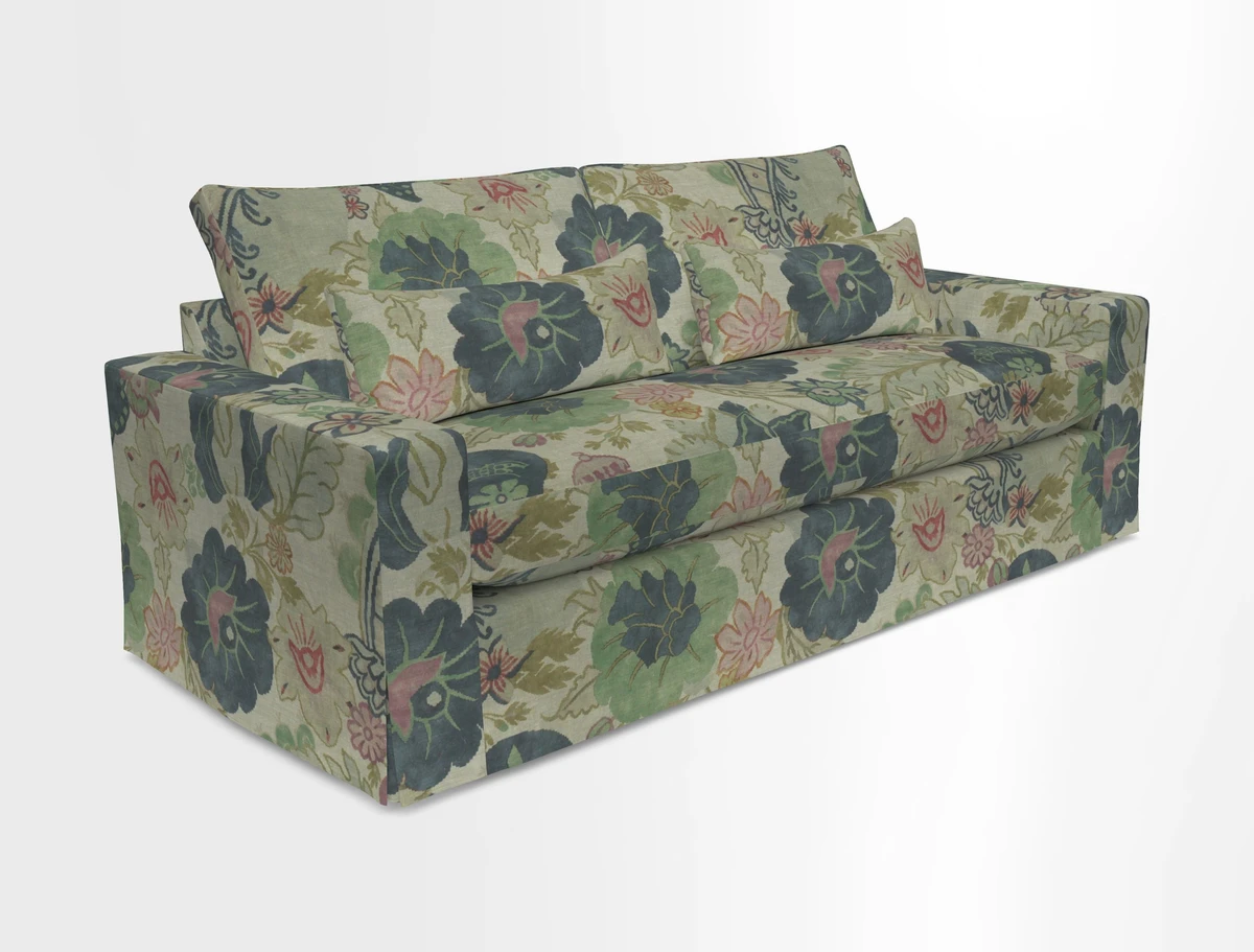 Linear 4 seater sofa in Harpers Bazaar Palette Studio Green with seat cushion in Linwood Romney Wool Forest
