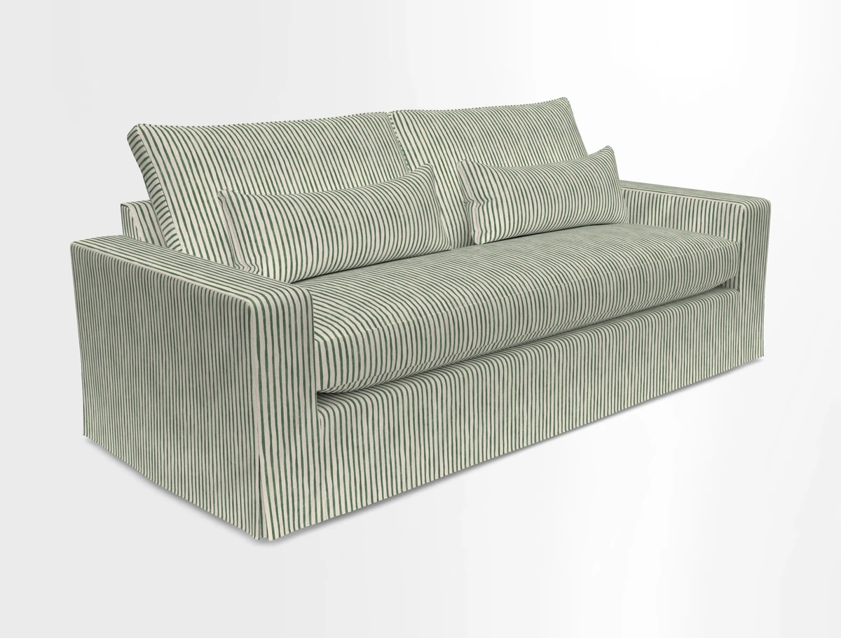 Linear 4 seater sofa in Harpers Bazaar Palette Studio Green with seat cushion in Linwood Romney Wool Forest