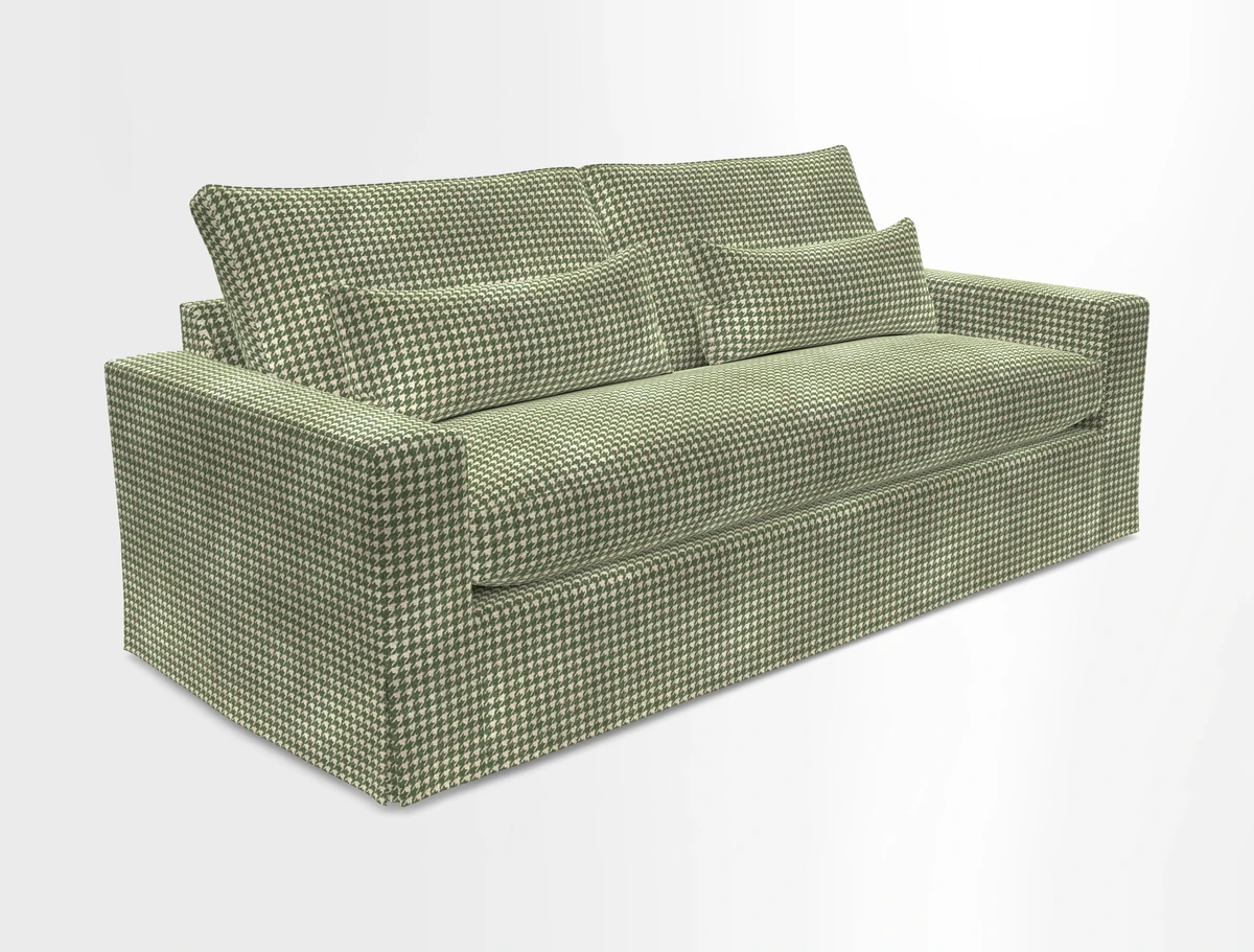 Linear 4 seater sofa in Harpers Bazaar Palette Studio Green with seat cushion in Linwood Romney Wool Forest