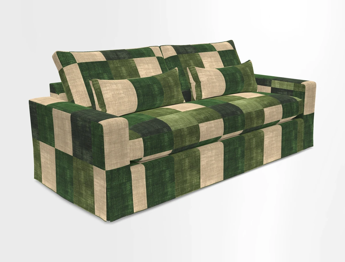 Linear 4 seater sofa in Harpers Bazaar Palette Studio Green with seat cushion in Linwood Romney Wool Forest
