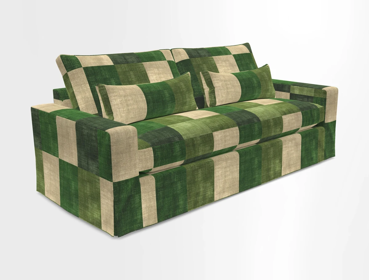 Linear 4 seater sofa in Harpers Bazaar Palette Studio Green with seat cushion in Linwood Romney Wool Forest
