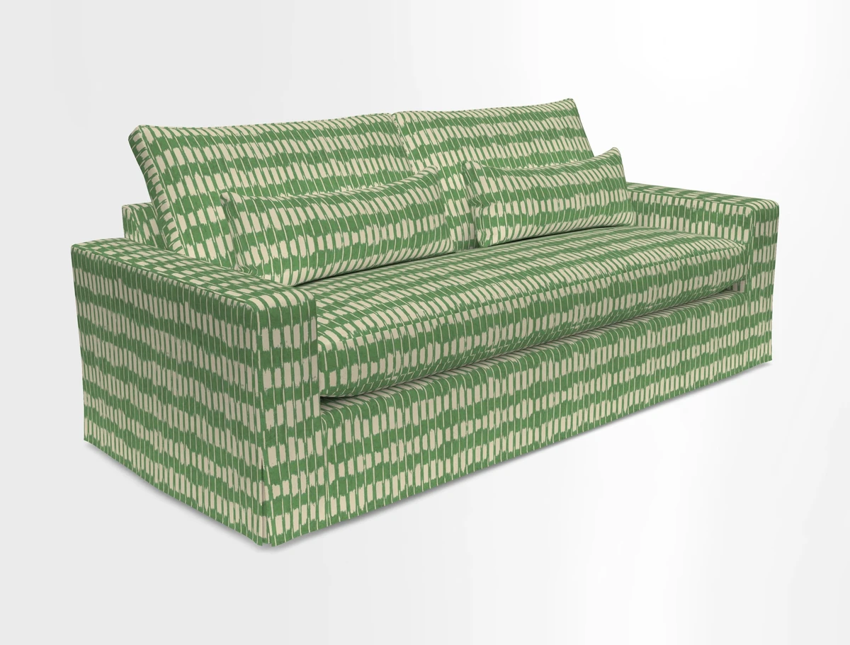 Linear 4 seater sofa in Harpers Bazaar Palette Studio Green with seat cushion in Linwood Romney Wool Forest