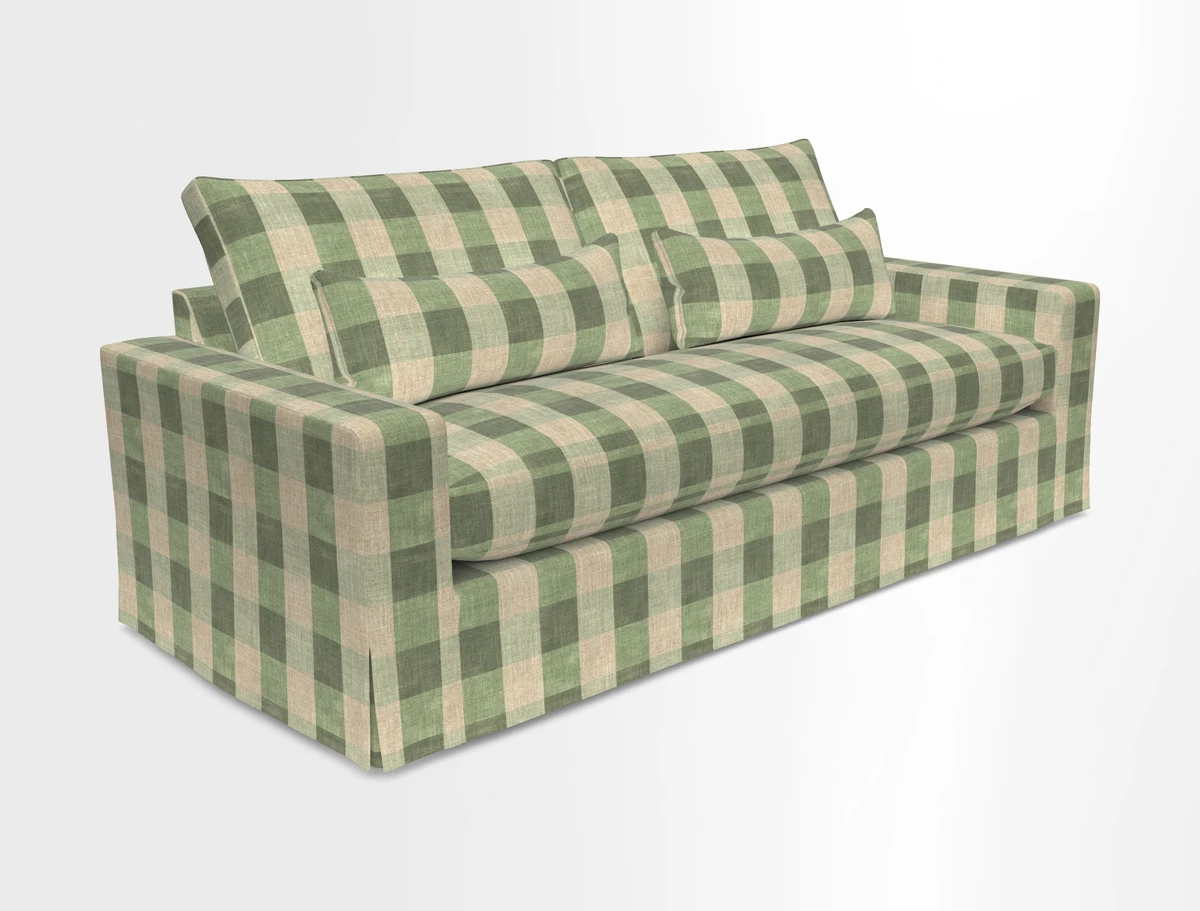 Linear 4 seater sofa in Harpers Bazaar Palette Studio Green with seat cushion in Linwood Romney Wool Forest