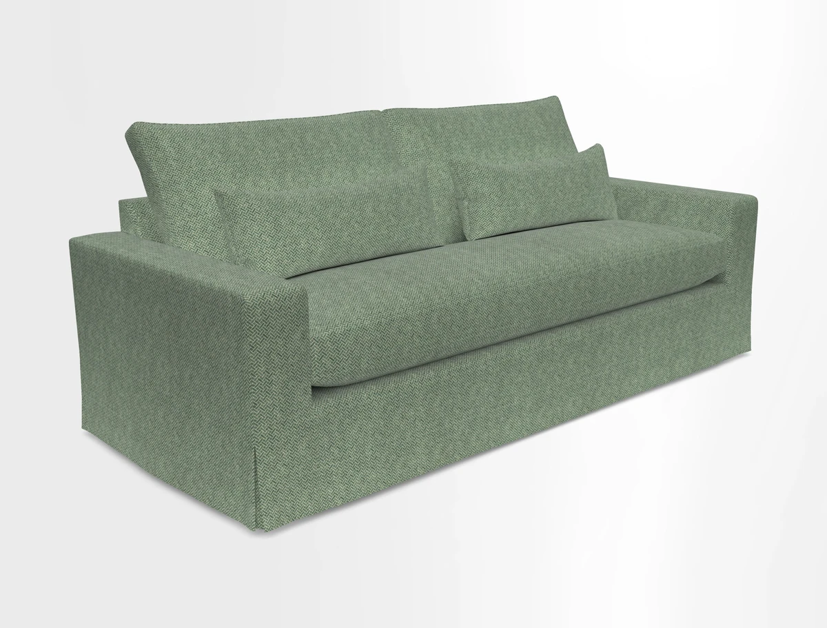 Linear 4 seater sofa in Harpers Bazaar Palette Studio Green with seat cushion in Linwood Romney Wool Forest