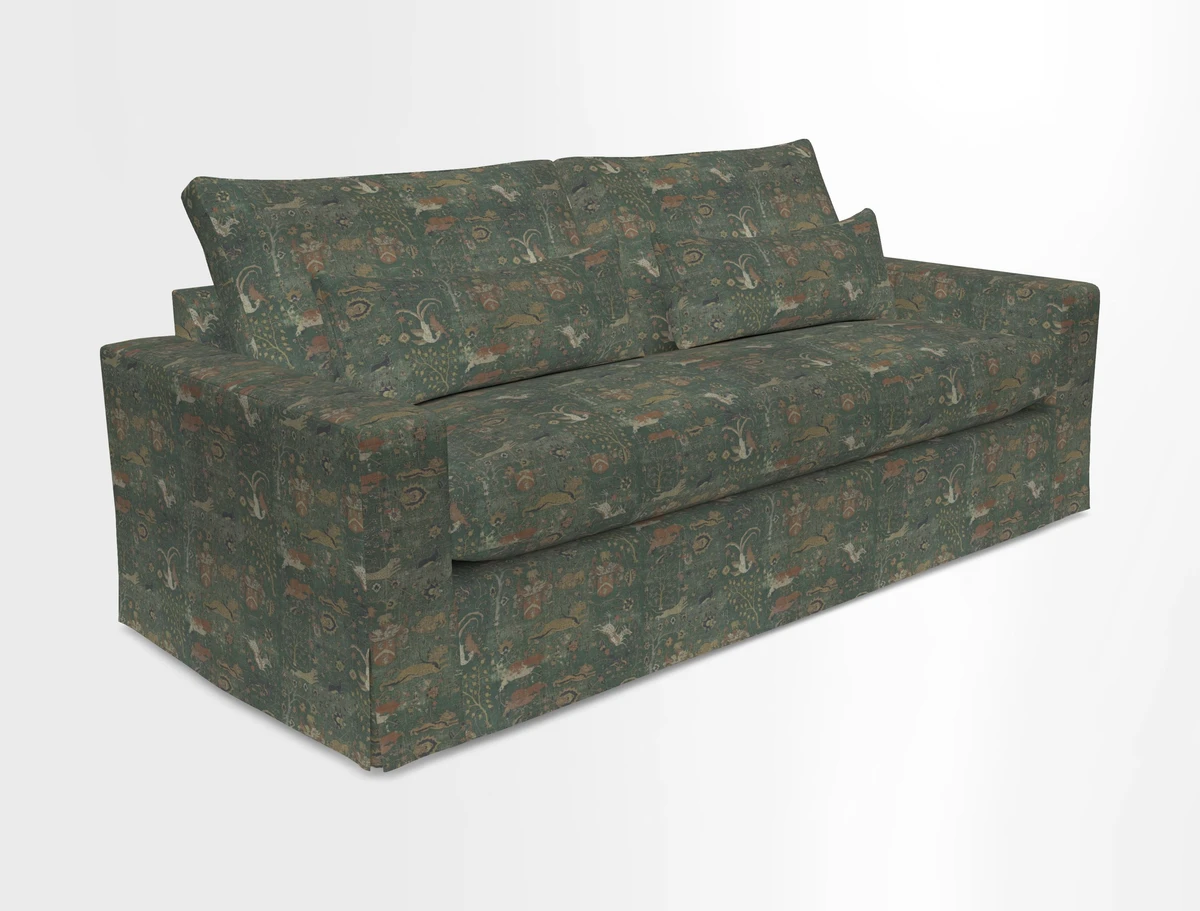 Linear 4 seater sofa in Harpers Bazaar Palette Studio Green with seat cushion in Linwood Romney Wool Forest