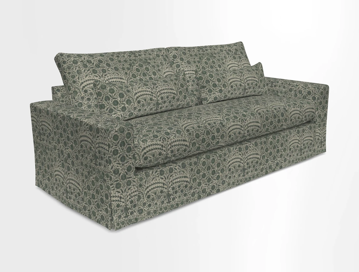 Linear 4 seater sofa in Harpers Bazaar Palette Studio Green with seat cushion in Linwood Romney Wool Forest