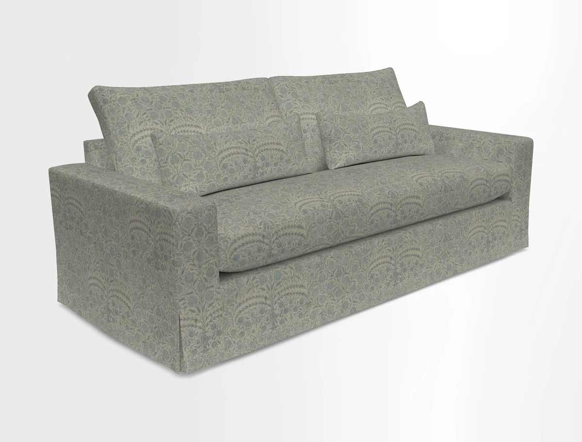 Linear 4 seater sofa in Harpers Bazaar Palette Studio Green with seat cushion in Linwood Romney Wool Forest