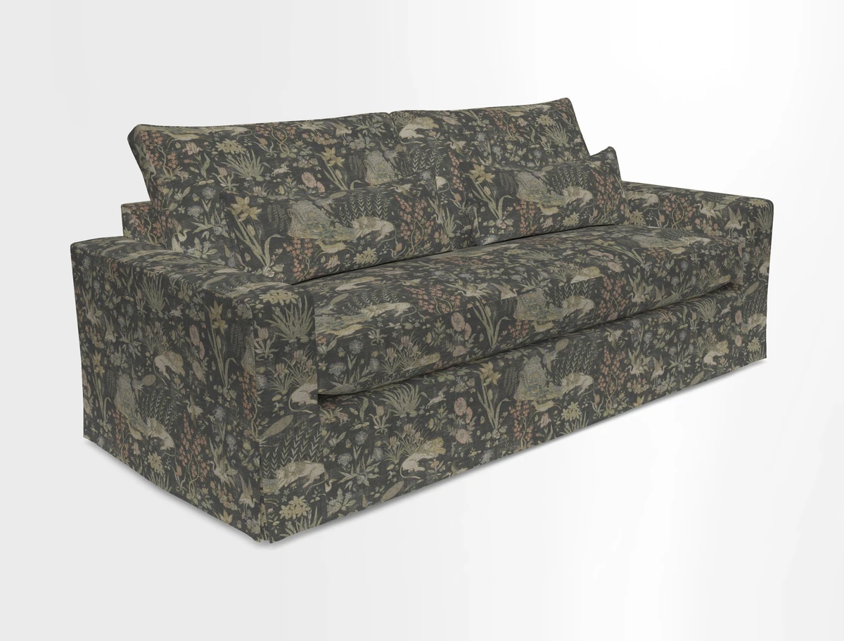 Linear 4 seater sofa in Harpers Bazaar Palette Studio Green with seat cushion in Linwood Romney Wool Forest