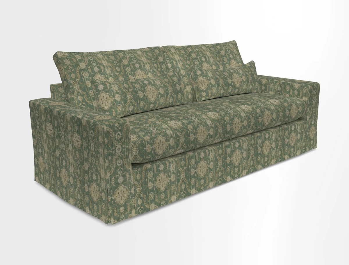 Linear 4 seater sofa in Harpers Bazaar Palette Studio Green with seat cushion in Linwood Romney Wool Forest