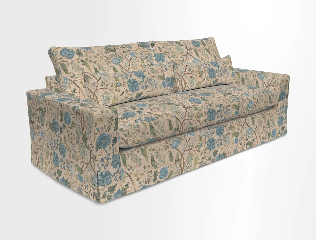 Linear 4 seater sofa in Harpers Bazaar Palette Studio Green with seat cushion in Linwood Romney Wool Forest