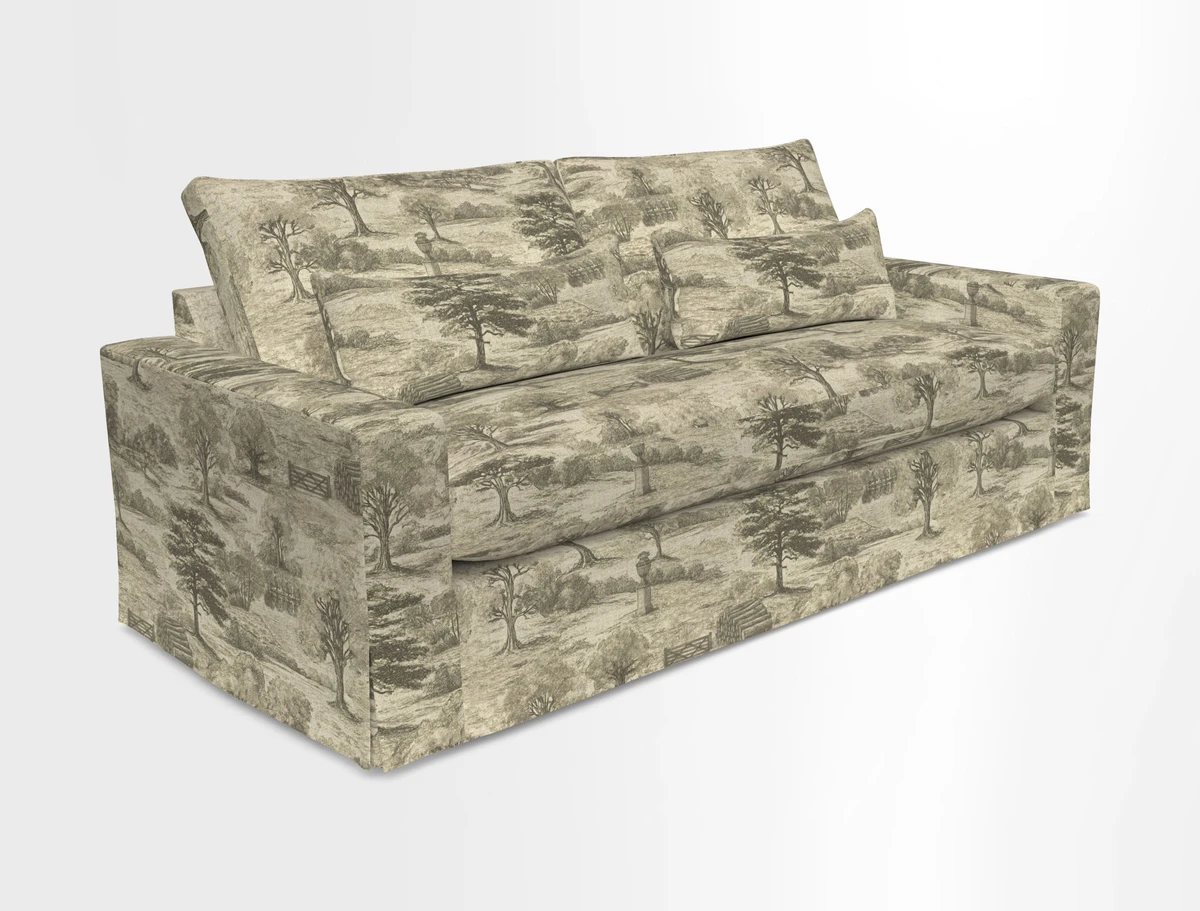Linear 4 seater sofa in Harpers Bazaar Palette Studio Green with seat cushion in Linwood Romney Wool Forest
