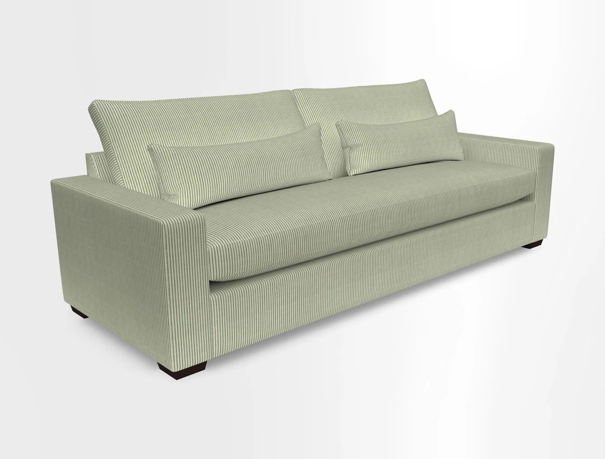 Linear 4 seater sofa in Harpers Bazaar Palette Studio Green with seat cushion in Linwood Romney Wool Forest