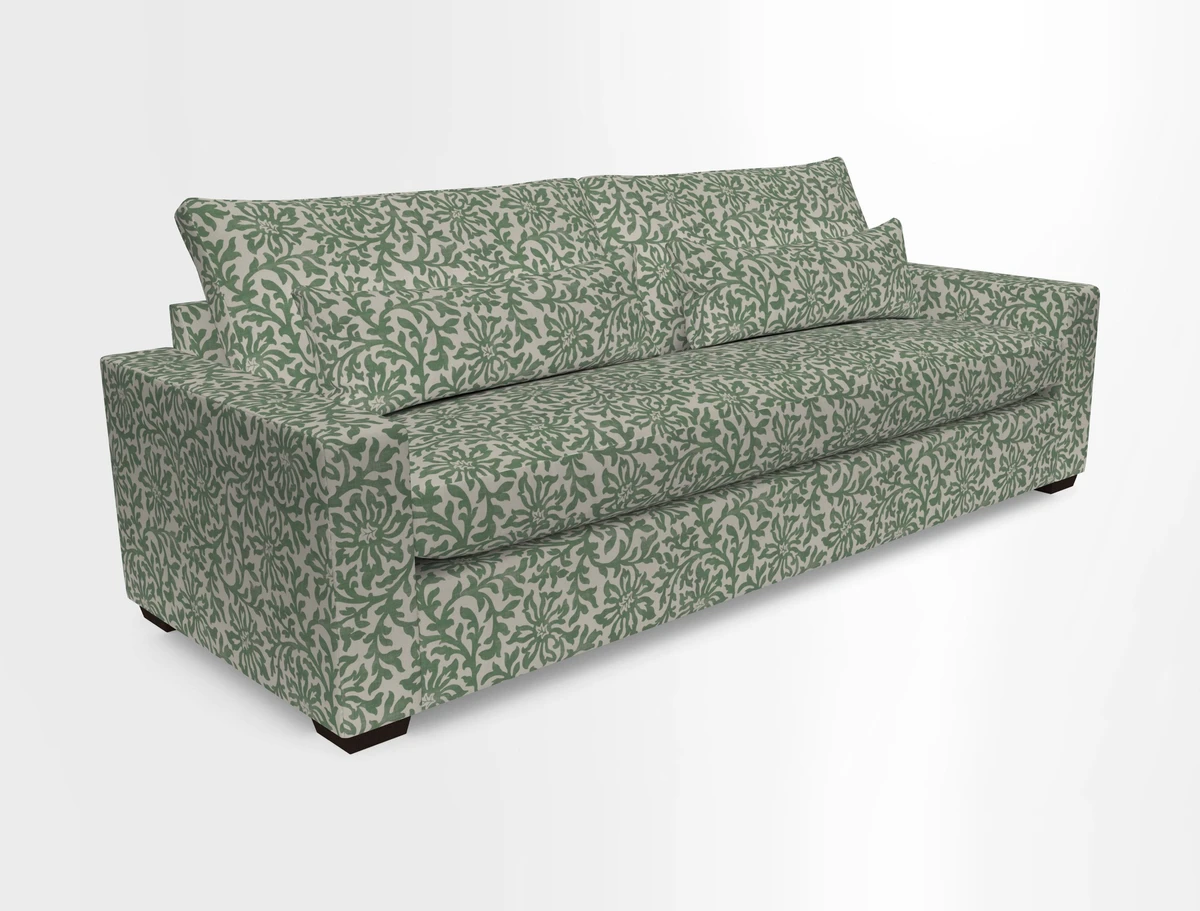 Linear 4 seater sofa in Harpers Bazaar Palette Studio Green with seat cushion in Linwood Romney Wool Forest