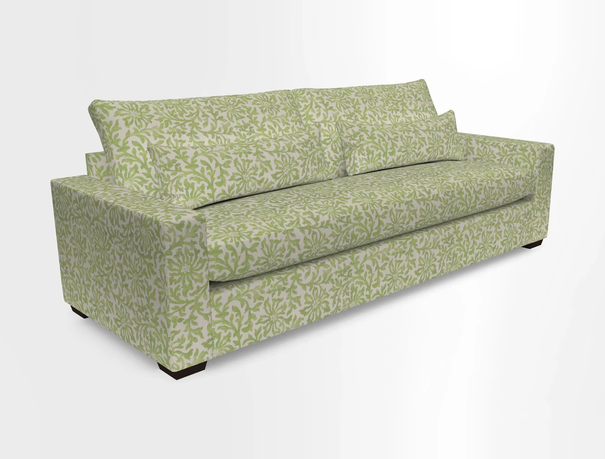 Linear 4 seater sofa in Harpers Bazaar Palette Studio Green with seat cushion in Linwood Romney Wool Forest