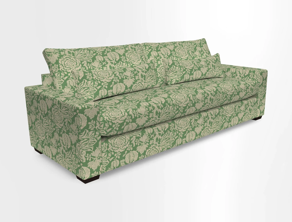 Linear 4 seater sofa in Harpers Bazaar Palette Studio Green with seat cushion in Linwood Romney Wool Forest