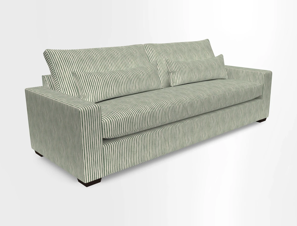 Linear 4 seater sofa in Harpers Bazaar Palette Studio Green with seat cushion in Linwood Romney Wool Forest