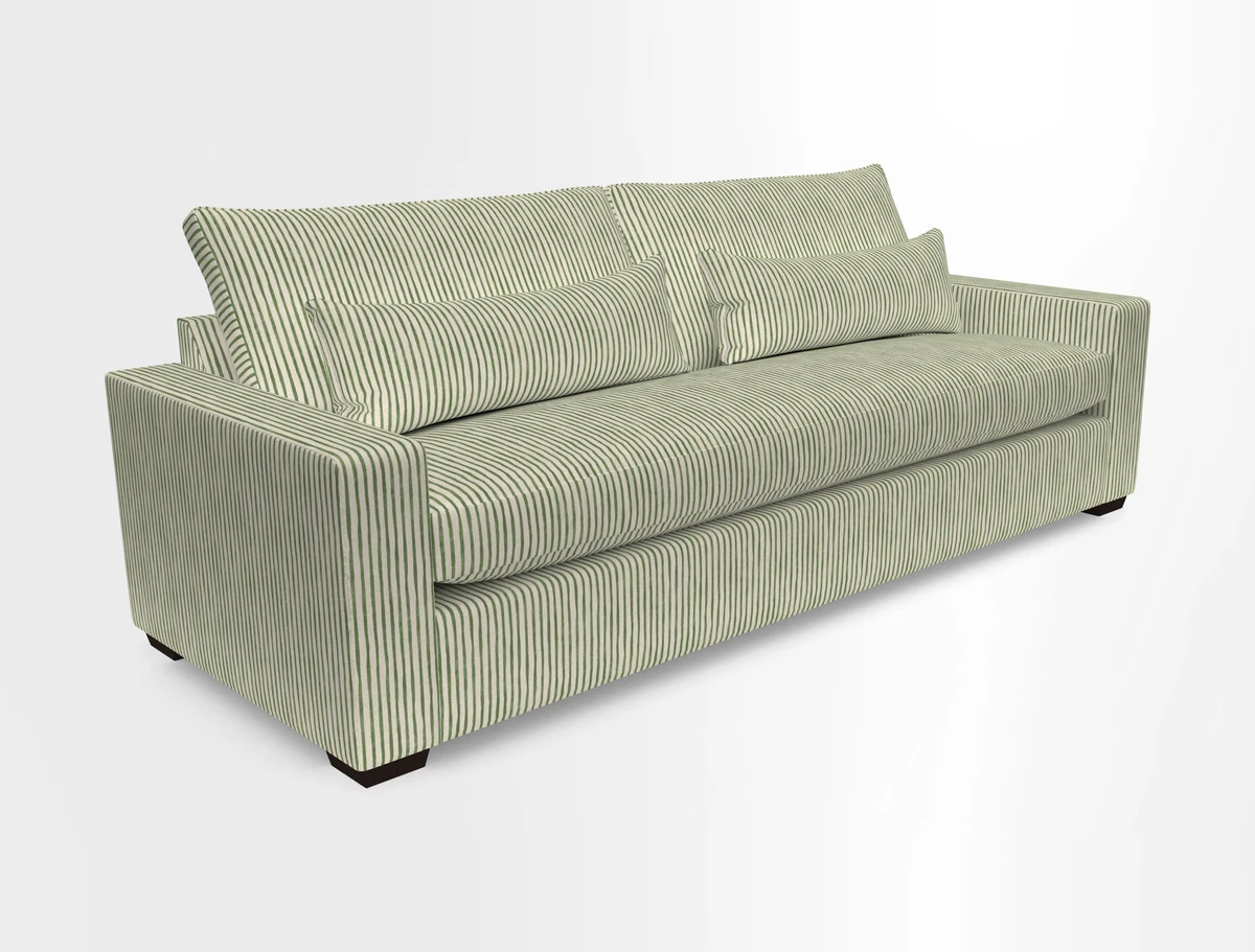 Linear 4 seater sofa in Harpers Bazaar Palette Studio Green with seat cushion in Linwood Romney Wool Forest