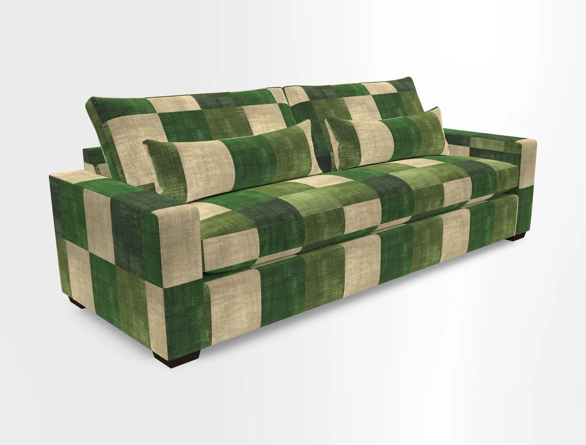 Linear 4 seater sofa in Harpers Bazaar Palette Studio Green with seat cushion in Linwood Romney Wool Forest