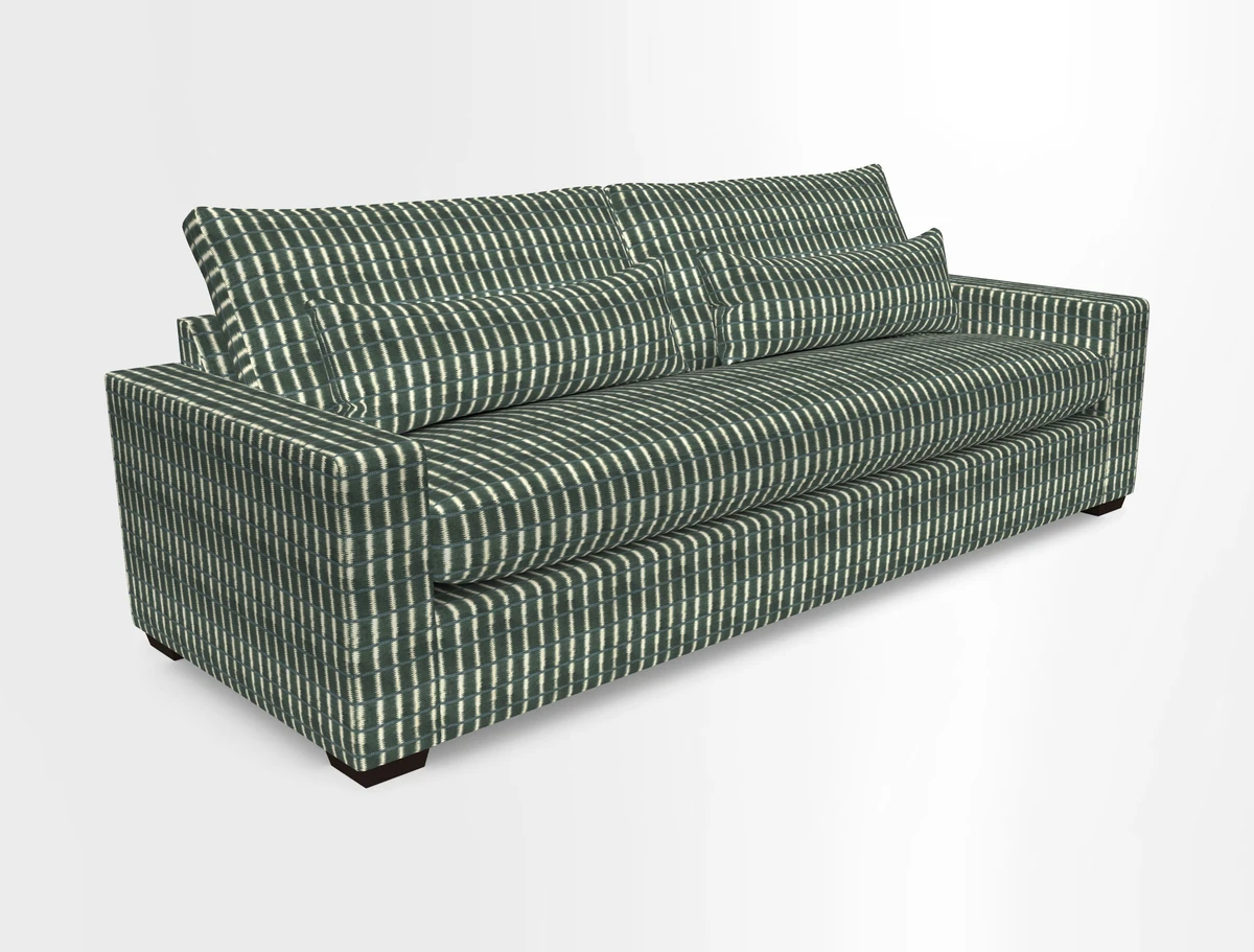 Linear 4 seater sofa in Harpers Bazaar Palette Studio Green with seat cushion in Linwood Romney Wool Forest