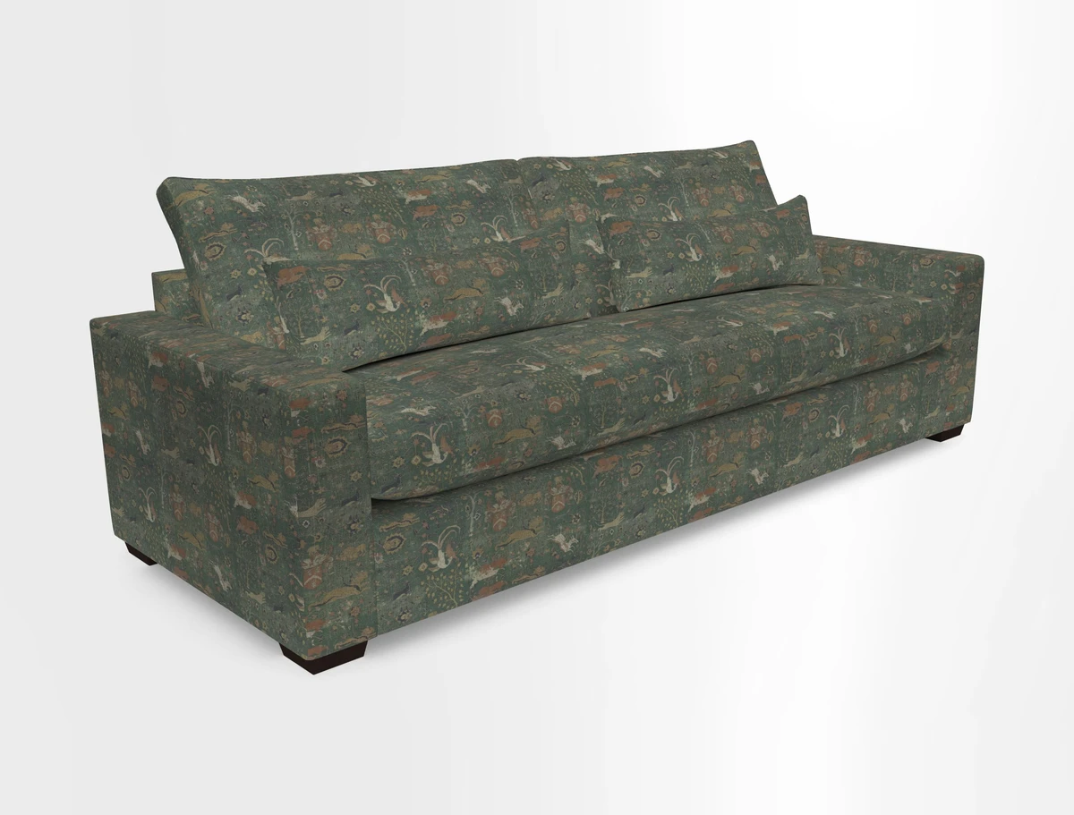 Linear 4 seater sofa in Harpers Bazaar Palette Studio Green with seat cushion in Linwood Romney Wool Forest