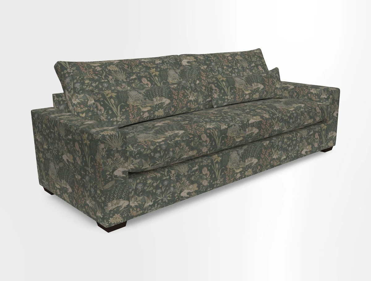 Linear 4 seater sofa in Harpers Bazaar Palette Studio Green with seat cushion in Linwood Romney Wool Forest