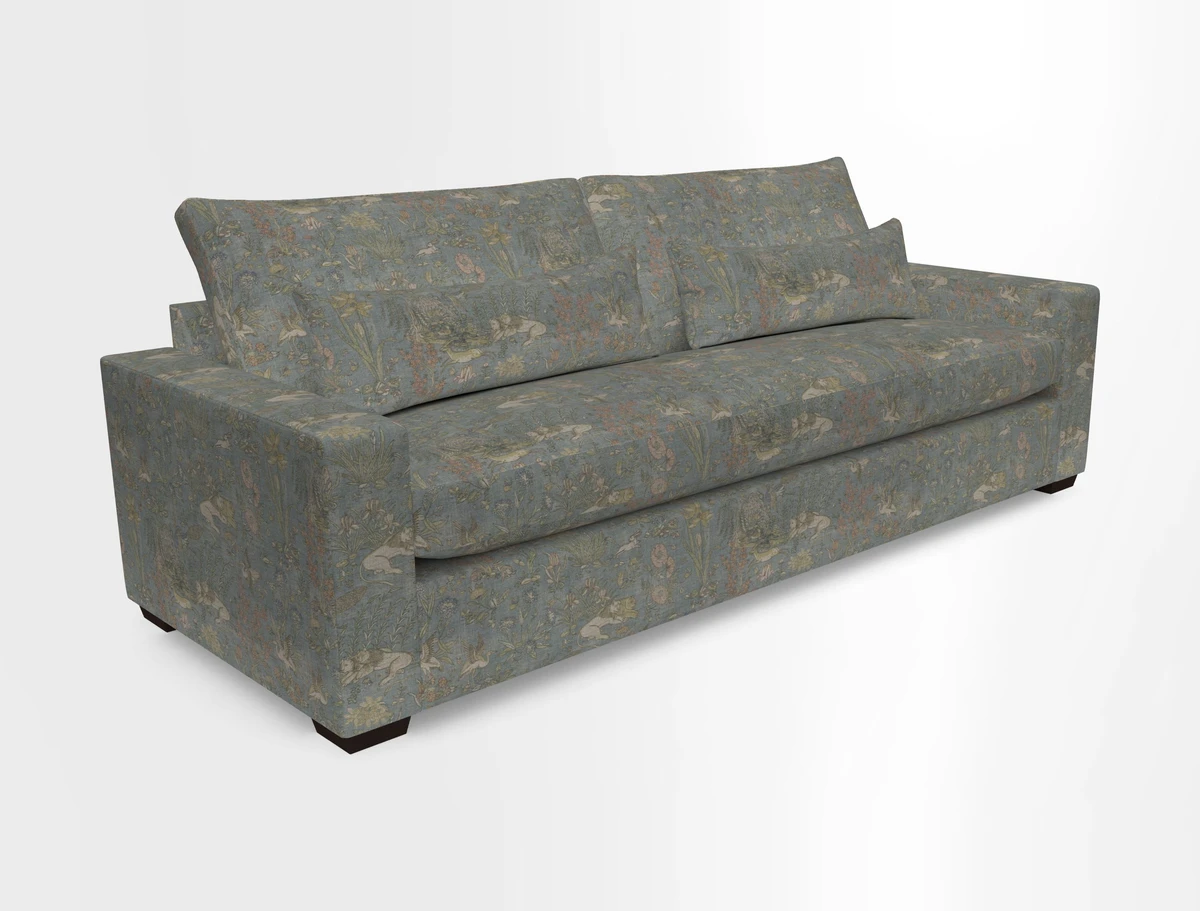 Linear 4 seater sofa in Harpers Bazaar Palette Studio Green with seat cushion in Linwood Romney Wool Forest