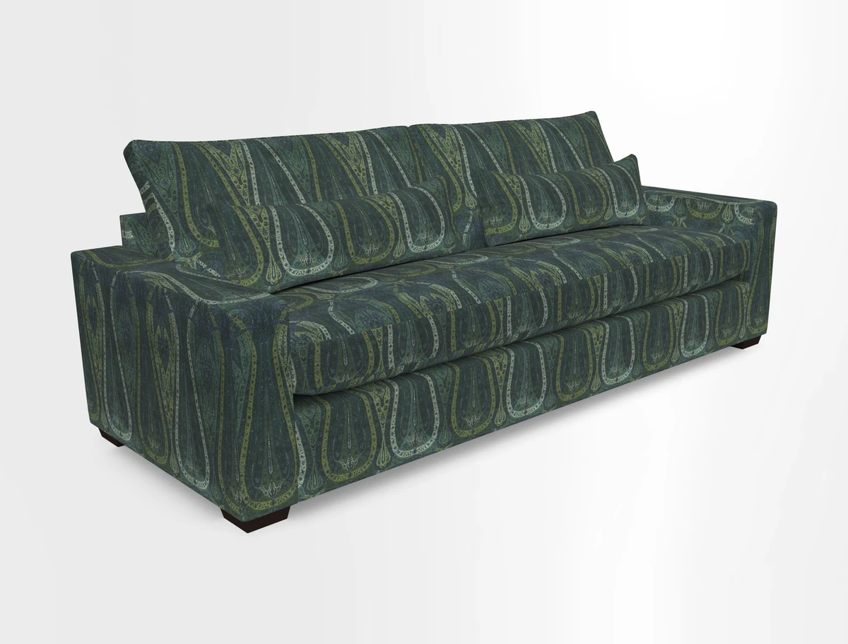 Linear 4 seater sofa in Harpers Bazaar Palette Studio Green with seat cushion in Linwood Romney Wool Forest