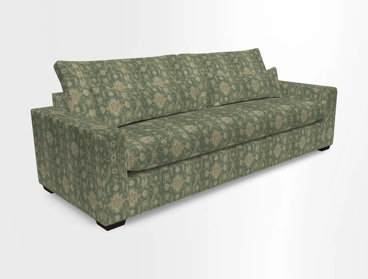 Linear 4 seater sofa in Harpers Bazaar Palette Studio Green with seat cushion in Linwood Romney Wool Forest