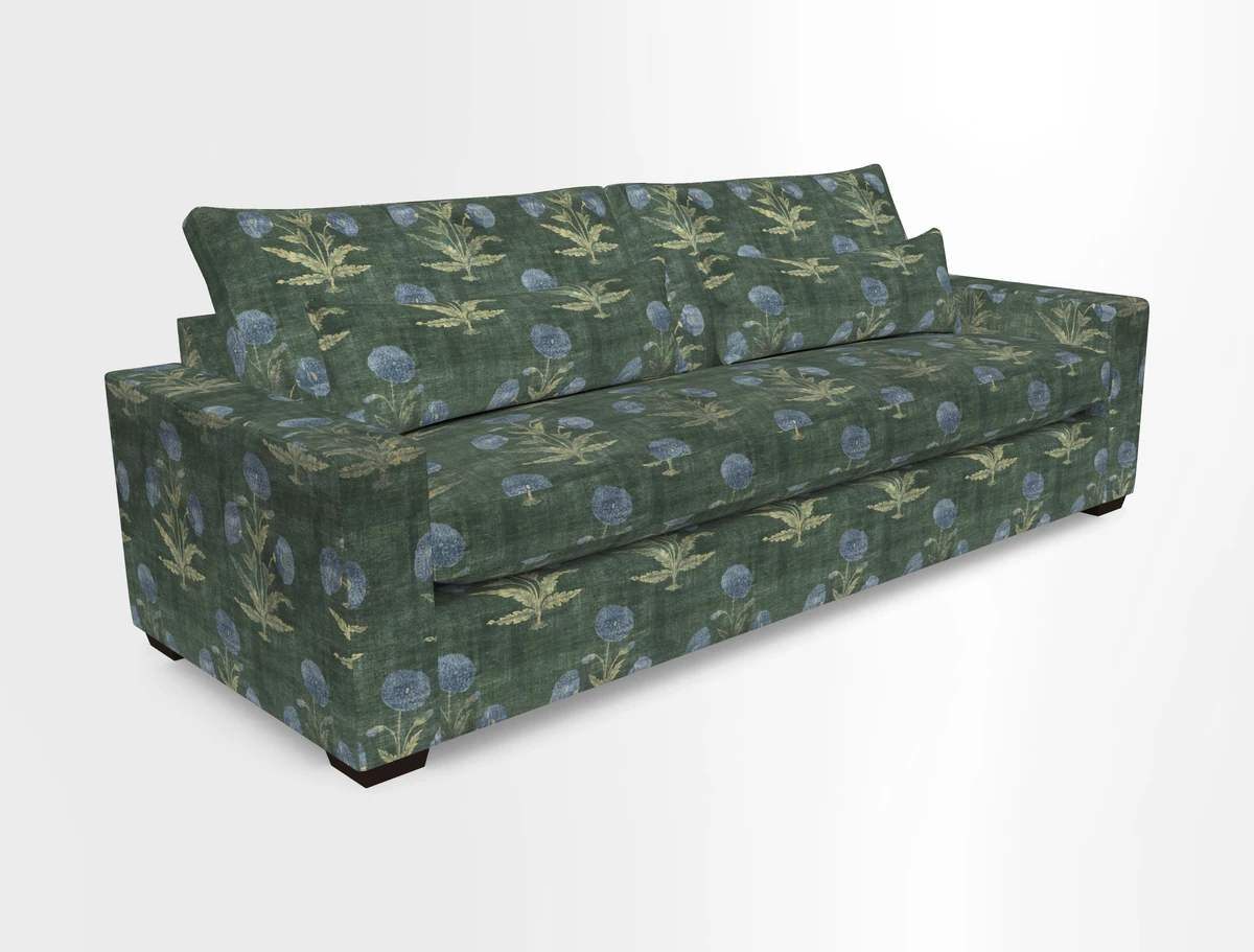 Linear 4 seater sofa in Harpers Bazaar Palette Studio Green with seat cushion in Linwood Romney Wool Forest