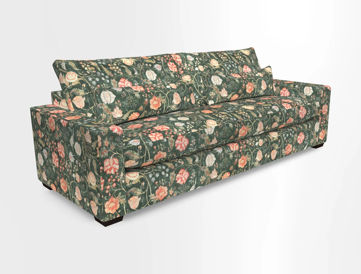 Linear 4 seater sofa in Harpers Bazaar Palette Studio Green with seat cushion in Linwood Romney Wool Forest