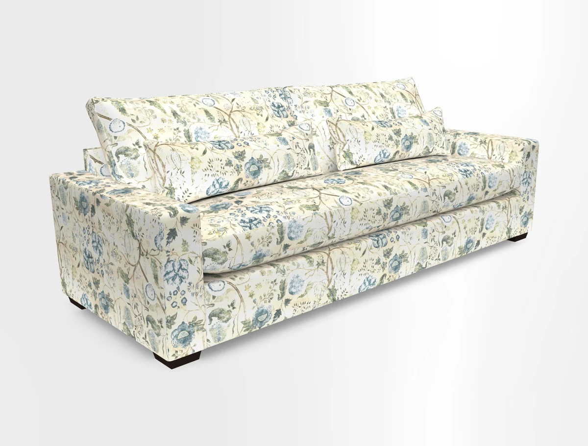 Linear 4 seater sofa in Harpers Bazaar Palette Studio Green with seat cushion in Linwood Romney Wool Forest