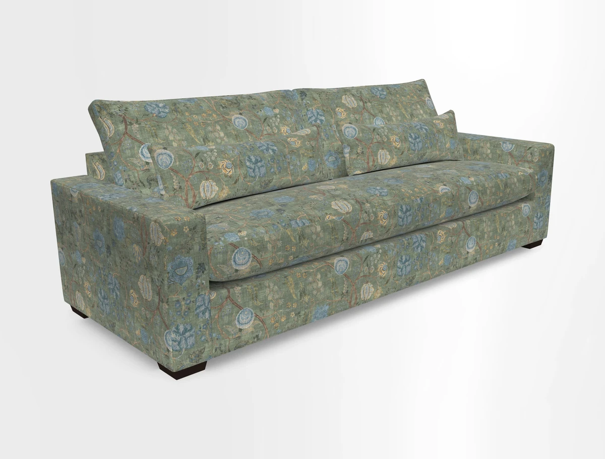 Linear 4 seater sofa in Harpers Bazaar Palette Studio Green with seat cushion in Linwood Romney Wool Forest