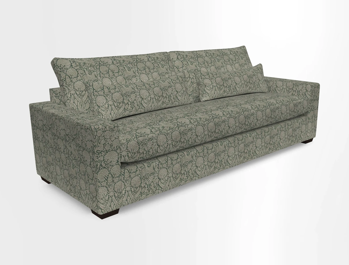 Linear 4 seater sofa in Harpers Bazaar Palette Studio Green with seat cushion in Linwood Romney Wool Forest