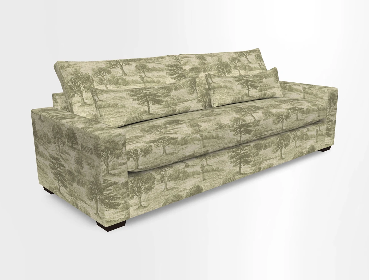 Linear 4 seater sofa in Harpers Bazaar Palette Studio Green with seat cushion in Linwood Romney Wool Forest