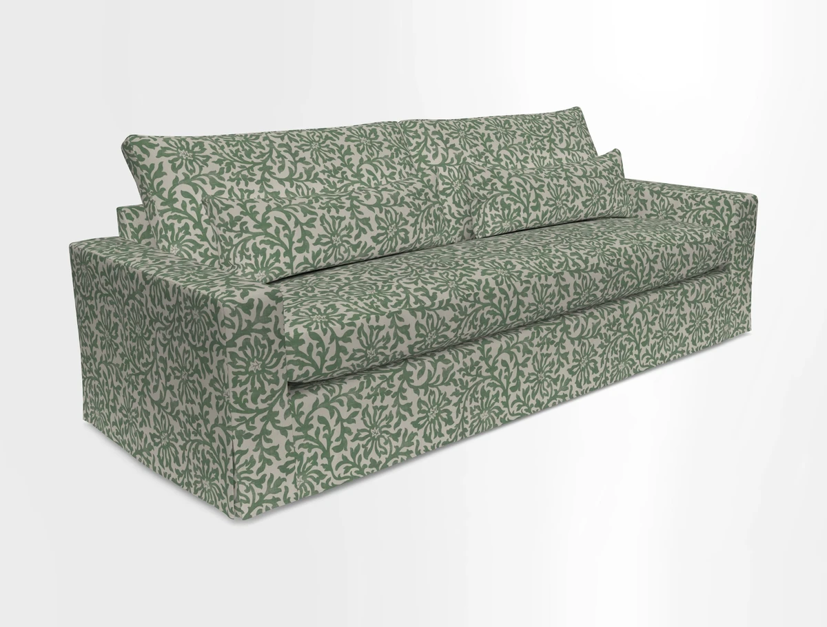 Linear 4 seater sofa in Harpers Bazaar Palette Studio Green with seat cushion in Linwood Romney Wool Forest