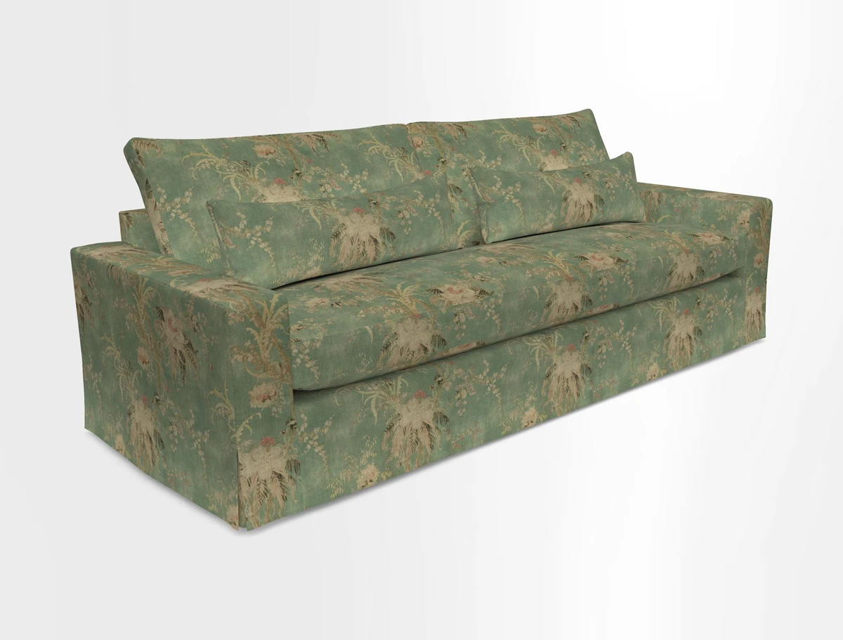 Linear 4 seater sofa in Harpers Bazaar Palette Studio Green with seat cushion in Linwood Romney Wool Forest