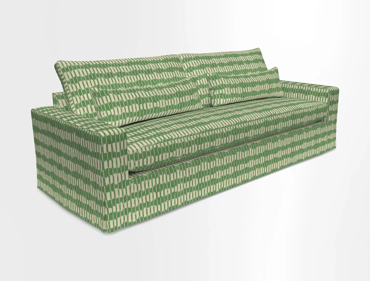 Linear 4 seater sofa in Harpers Bazaar Palette Studio Green with seat cushion in Linwood Romney Wool Forest