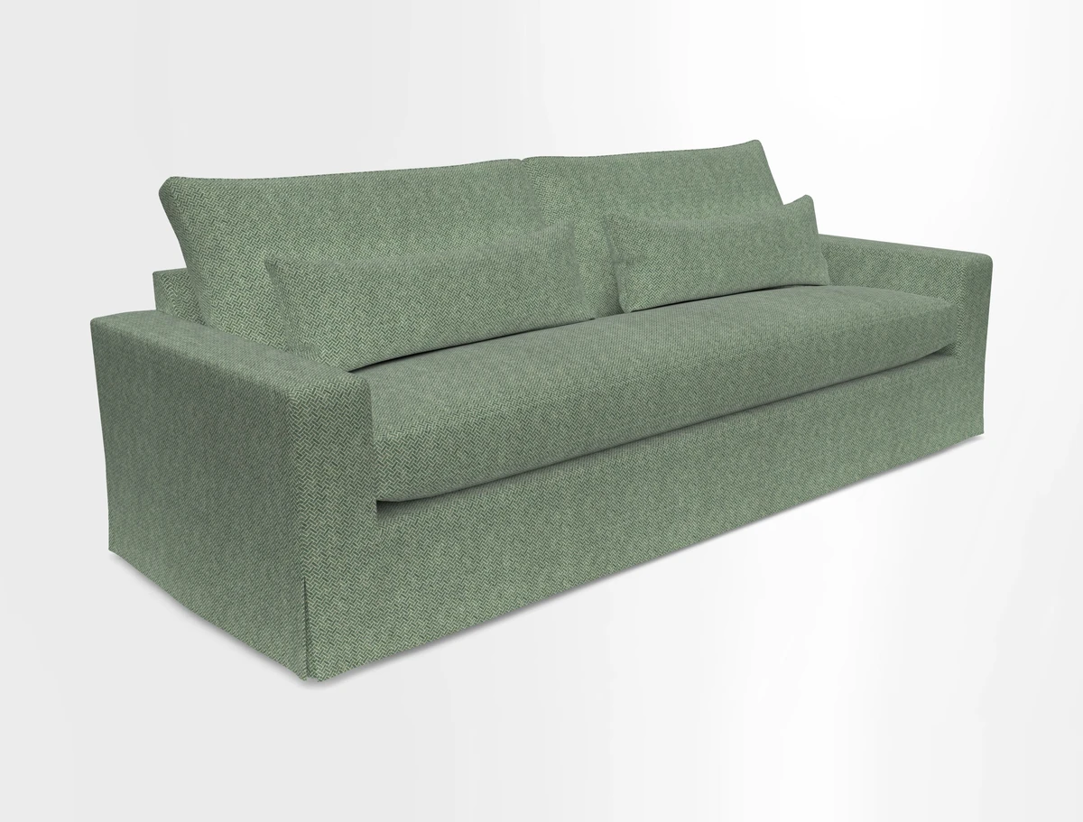 Linear 4 seater sofa in Harpers Bazaar Palette Studio Green with seat cushion in Linwood Romney Wool Forest