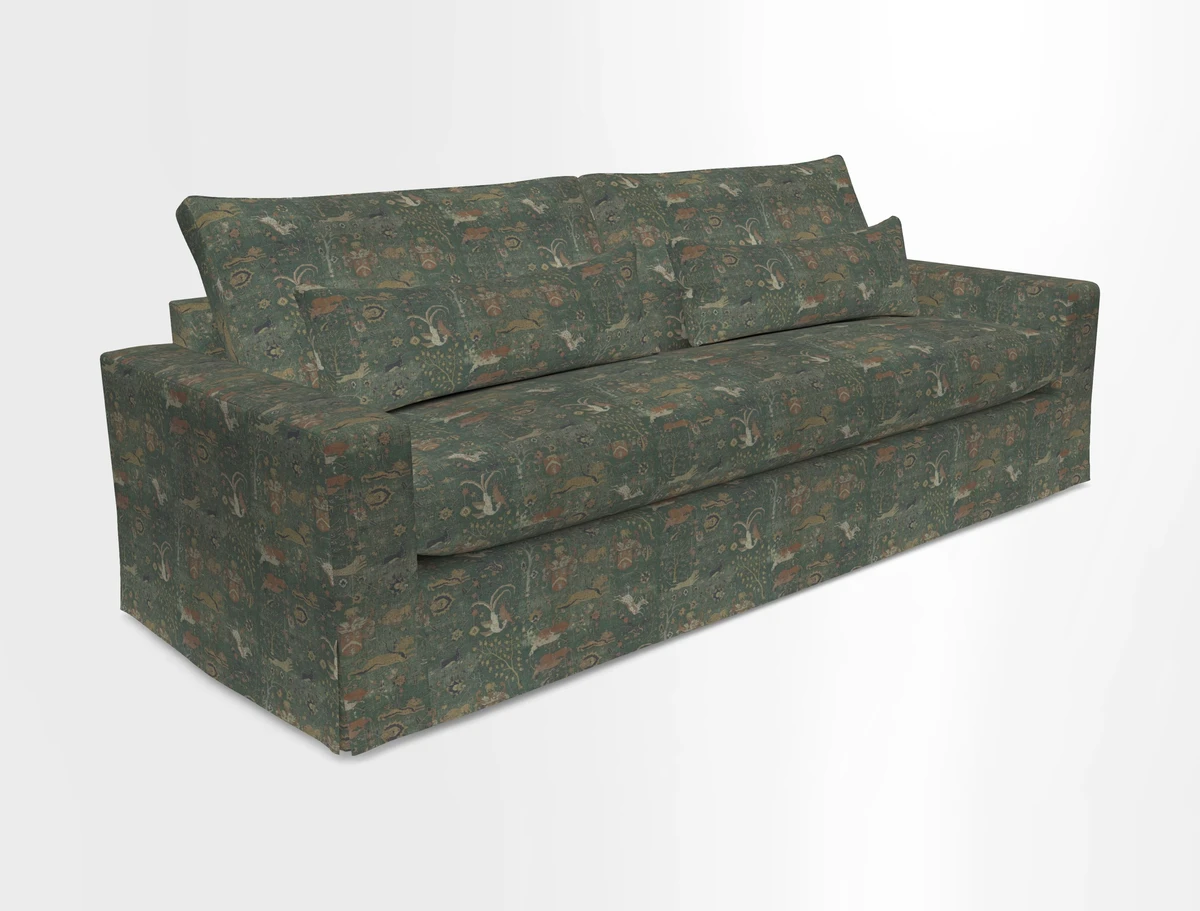 Linear 4 seater sofa in Harpers Bazaar Palette Studio Green with seat cushion in Linwood Romney Wool Forest