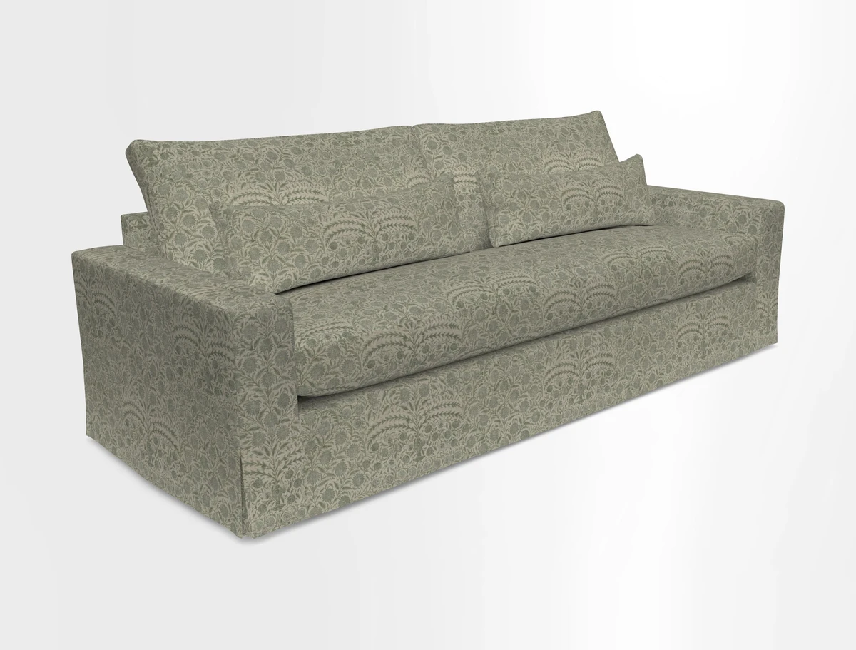 Linear 4 seater sofa in Harpers Bazaar Palette Studio Green with seat cushion in Linwood Romney Wool Forest