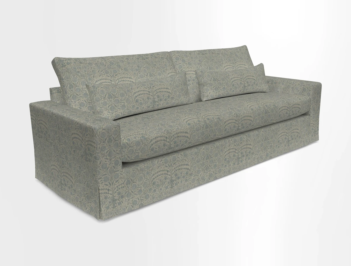 Linear 4 seater sofa in Harpers Bazaar Palette Studio Green with seat cushion in Linwood Romney Wool Forest