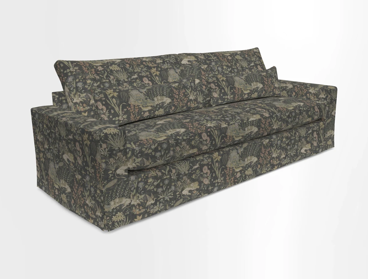 Linear 4 seater sofa in Harpers Bazaar Palette Studio Green with seat cushion in Linwood Romney Wool Forest