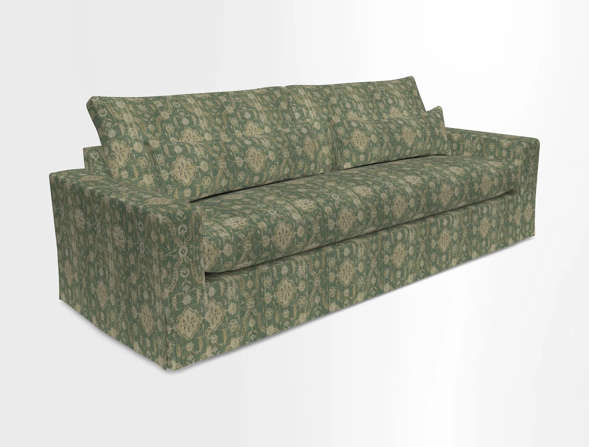 Linear 4 seater sofa in Harpers Bazaar Palette Studio Green with seat cushion in Linwood Romney Wool Forest