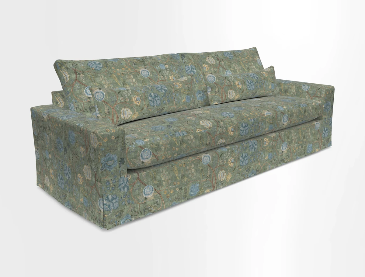Linear 4 seater sofa in Harpers Bazaar Palette Studio Green with seat cushion in Linwood Romney Wool Forest