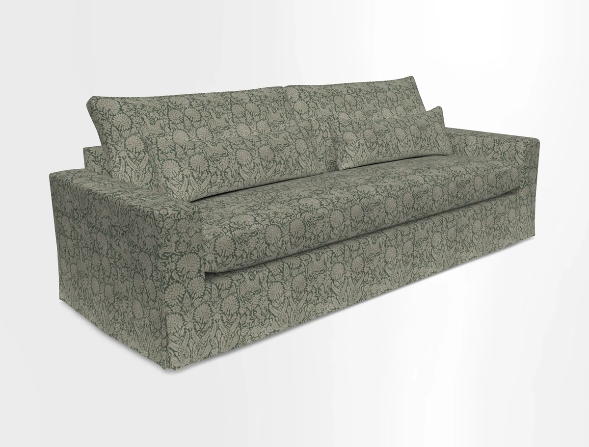 Linear 4 seater sofa in Harpers Bazaar Palette Studio Green with seat cushion in Linwood Romney Wool Forest