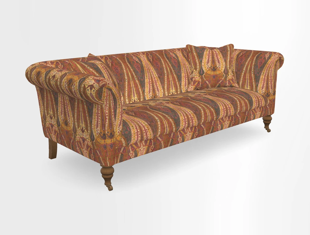 Masham 3 Seater Sofa in V&A Threads of India on Linen Paisley Splendour Steel