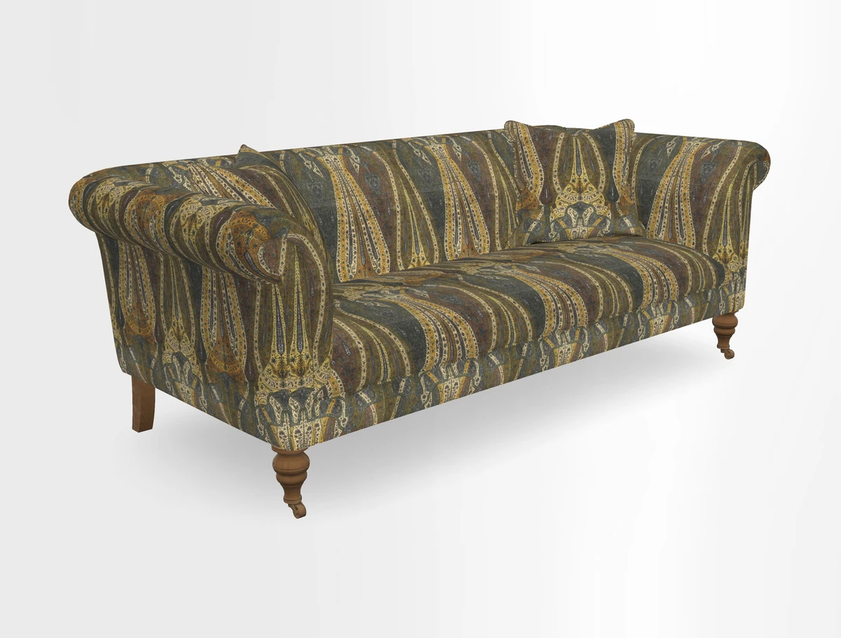 Masham 3 Seater Sofa in V&A Threads of India on Linen Paisley Splendour Steel