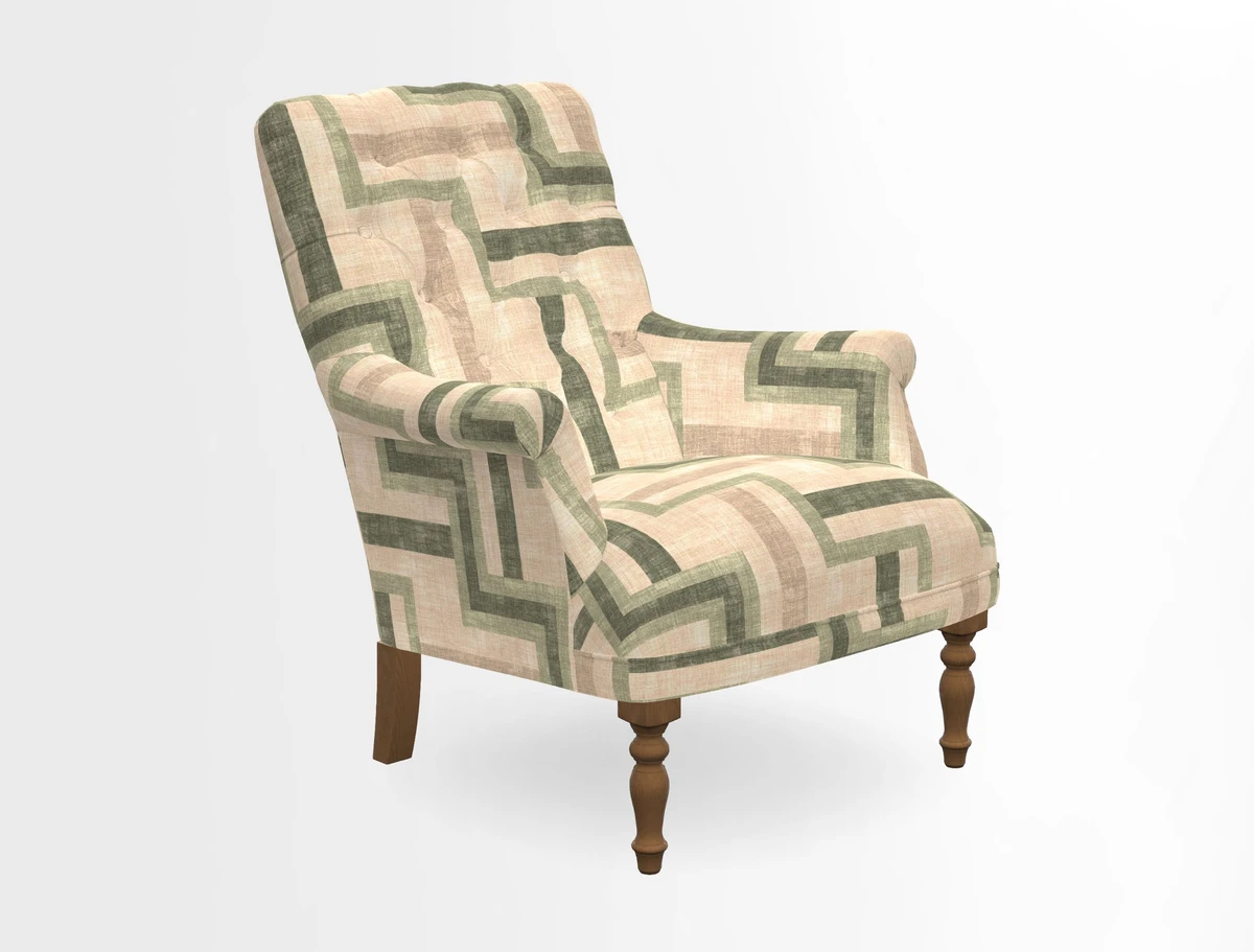 Snape Button Back chair in Spill Resistant V&A Bird & Rabbit Dark Green and Cube footstool in Spill Resistant RHS Etta's Stripe Ink